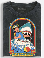 Shark Attack ???Stay Positive??¨¤ Retro Comic Vintage Washed T-Shirt