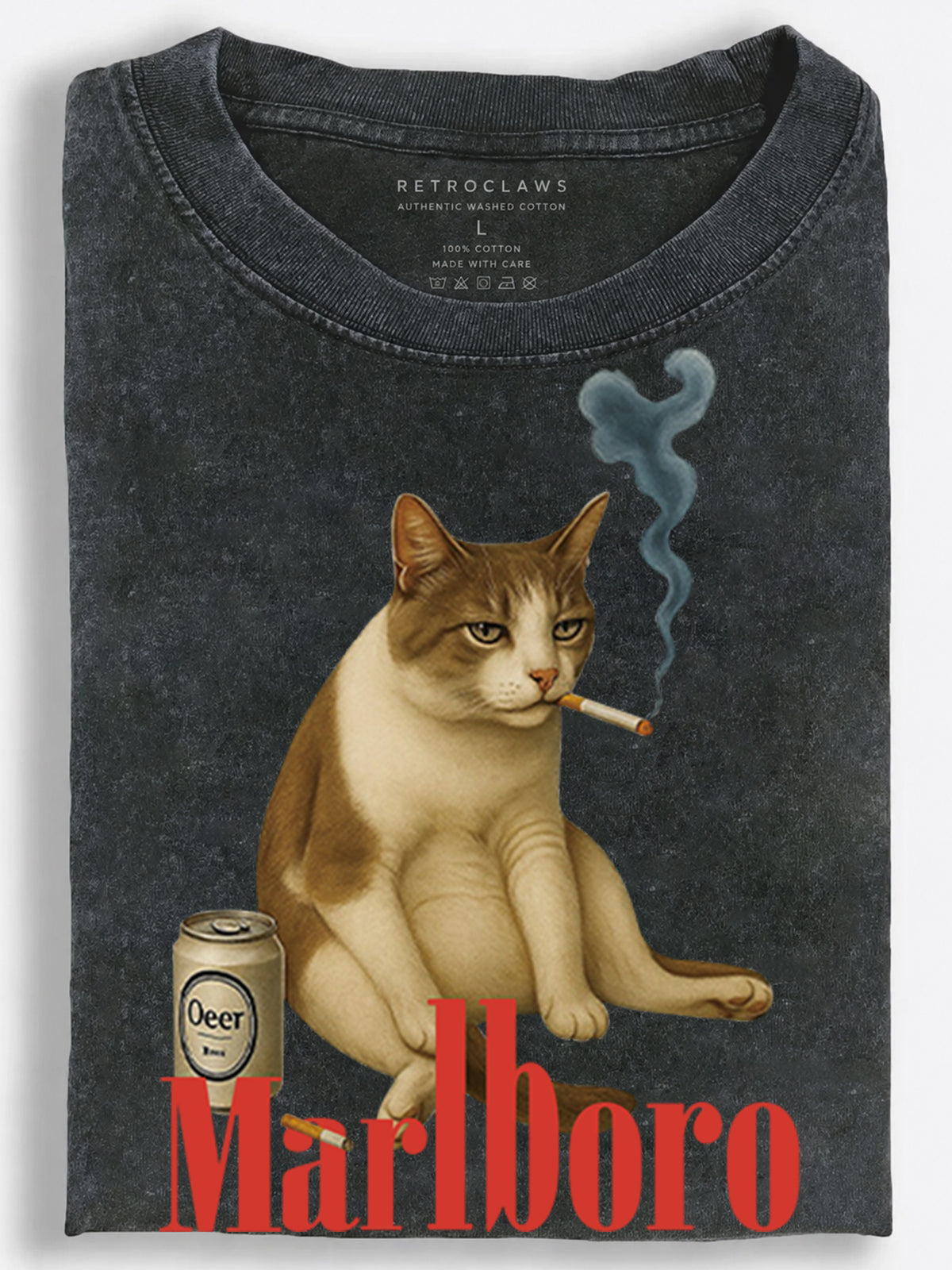 Grumpy Smoking Cat Retro Advertisement Vintage Washed T-Shirt