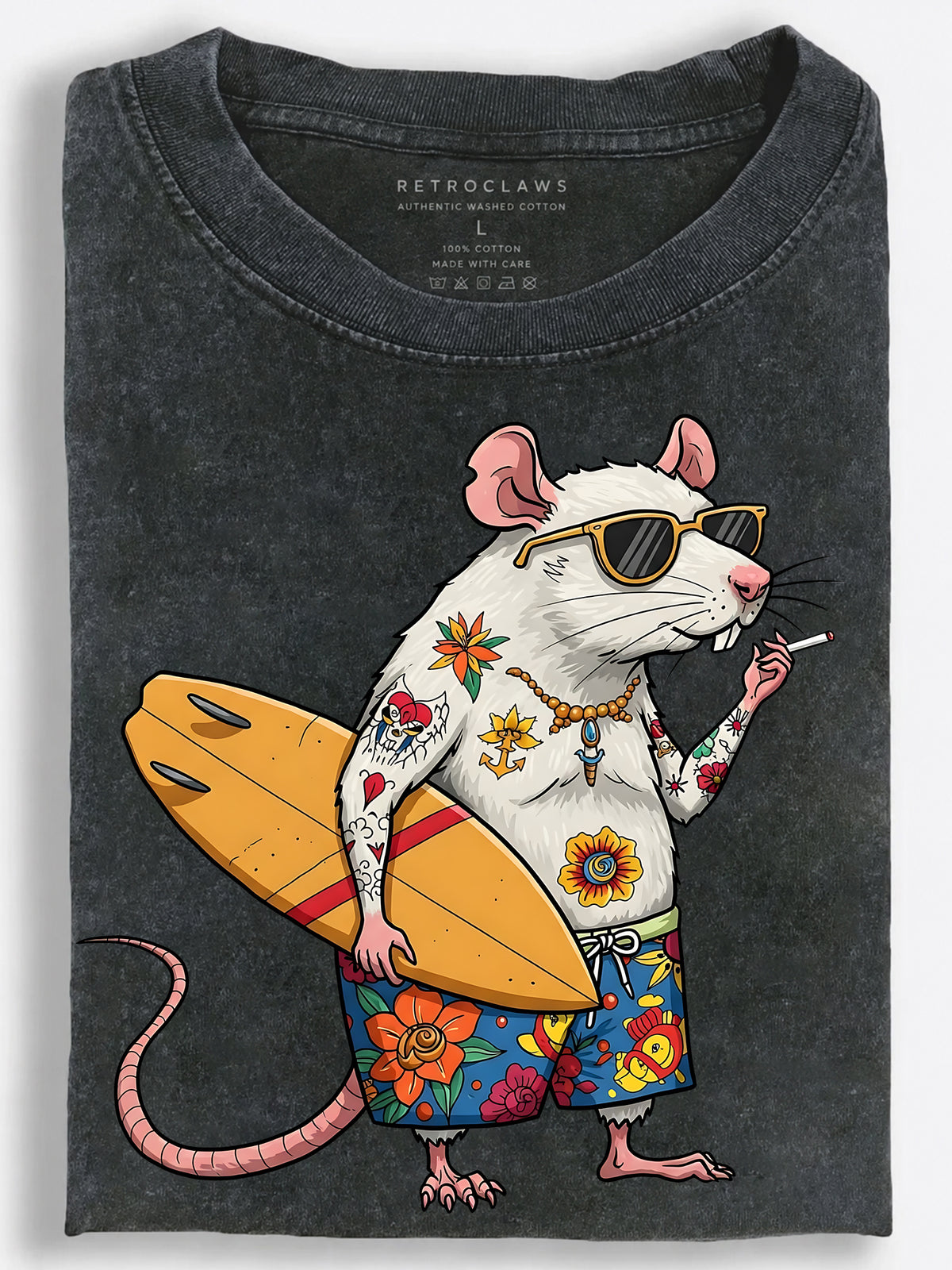 Tattooed Surf Rat with a Surfboard Vintage Washed T-Shirt