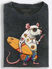 Tattooed Surf Rat with a Surfboard Vintage Washed T-Shirt