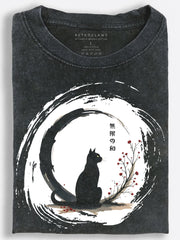 Black Cat in a Japanese Zen Circle Vintage Washed T-Shirt