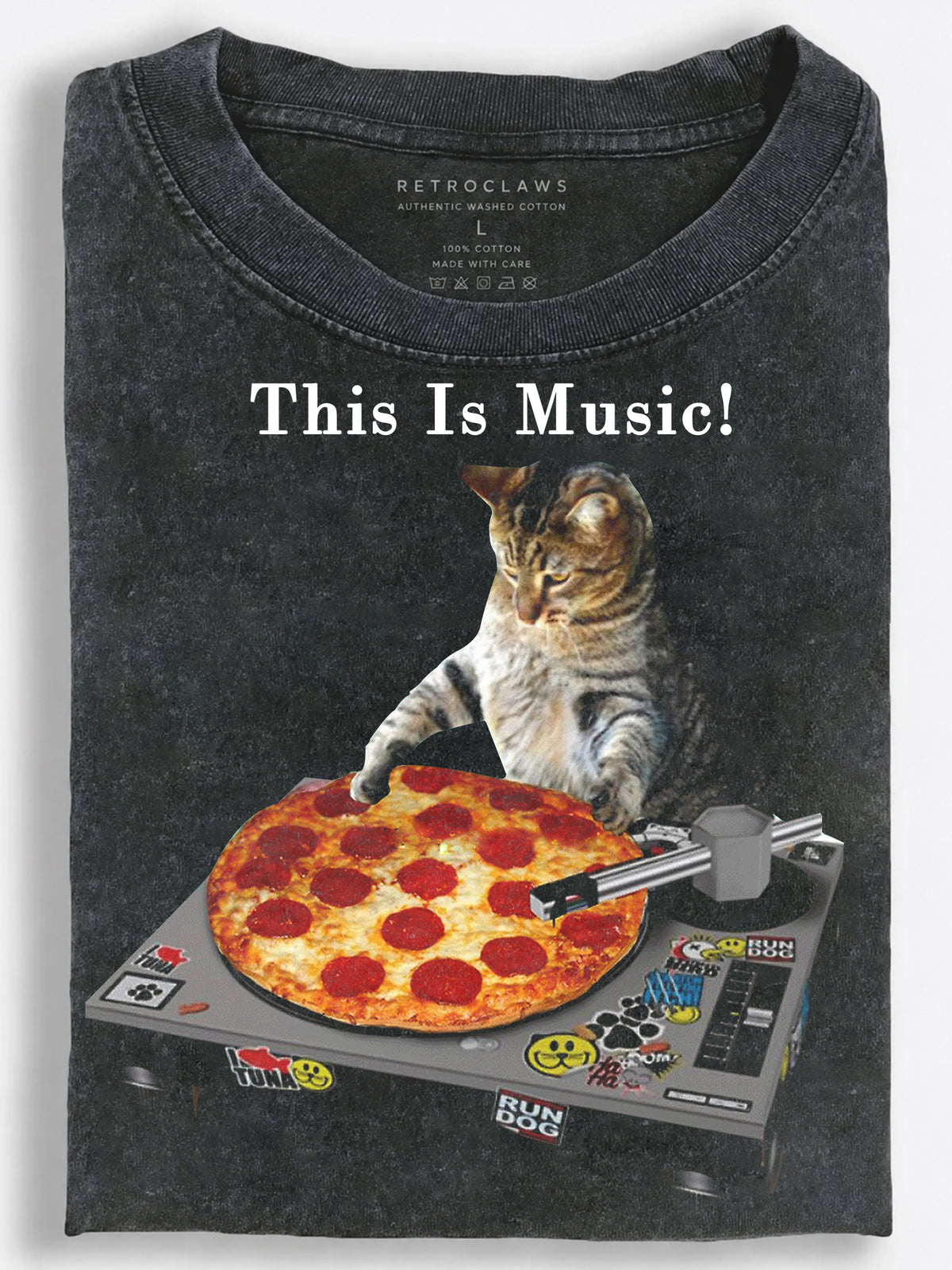 DJ Cat Spinning a Pepperoni Pizza Vintage Washed T-Shirt