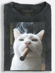 Smoking White Cat Attitude Vintage Washed T-Shirt