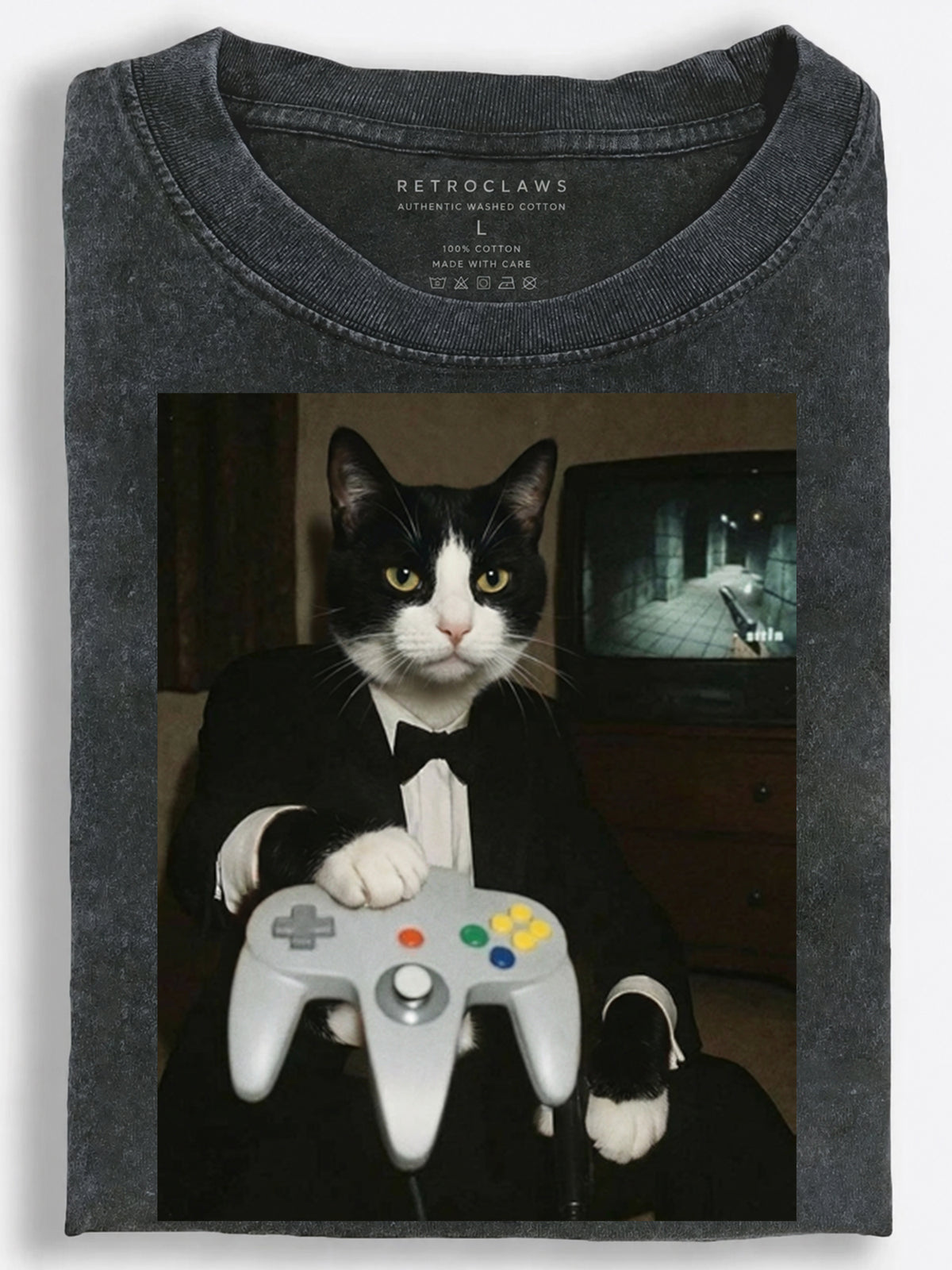 Tuxedo Cat Playing a Retro Video Game Vintage Washed T-Shirt