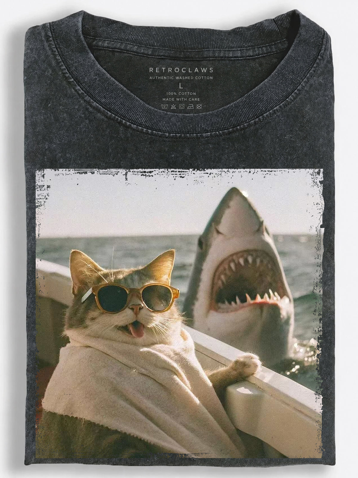 Cool Cat and Shark Boat Scene Vintage Washed T-Shirt