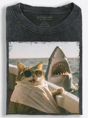 Cool Cat and Shark Boat Scene Vintage Washed T-Shirt
