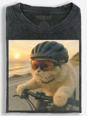 Cinematic Retro Cyclist Cat Racing Along the Coast at Sunset Vintage Washed T-Shirt
