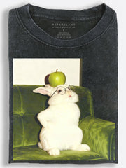 Quirky Retro Scholar Rabbit Balancing a Green Apple on Its Head Vintage Washed T-Shirt