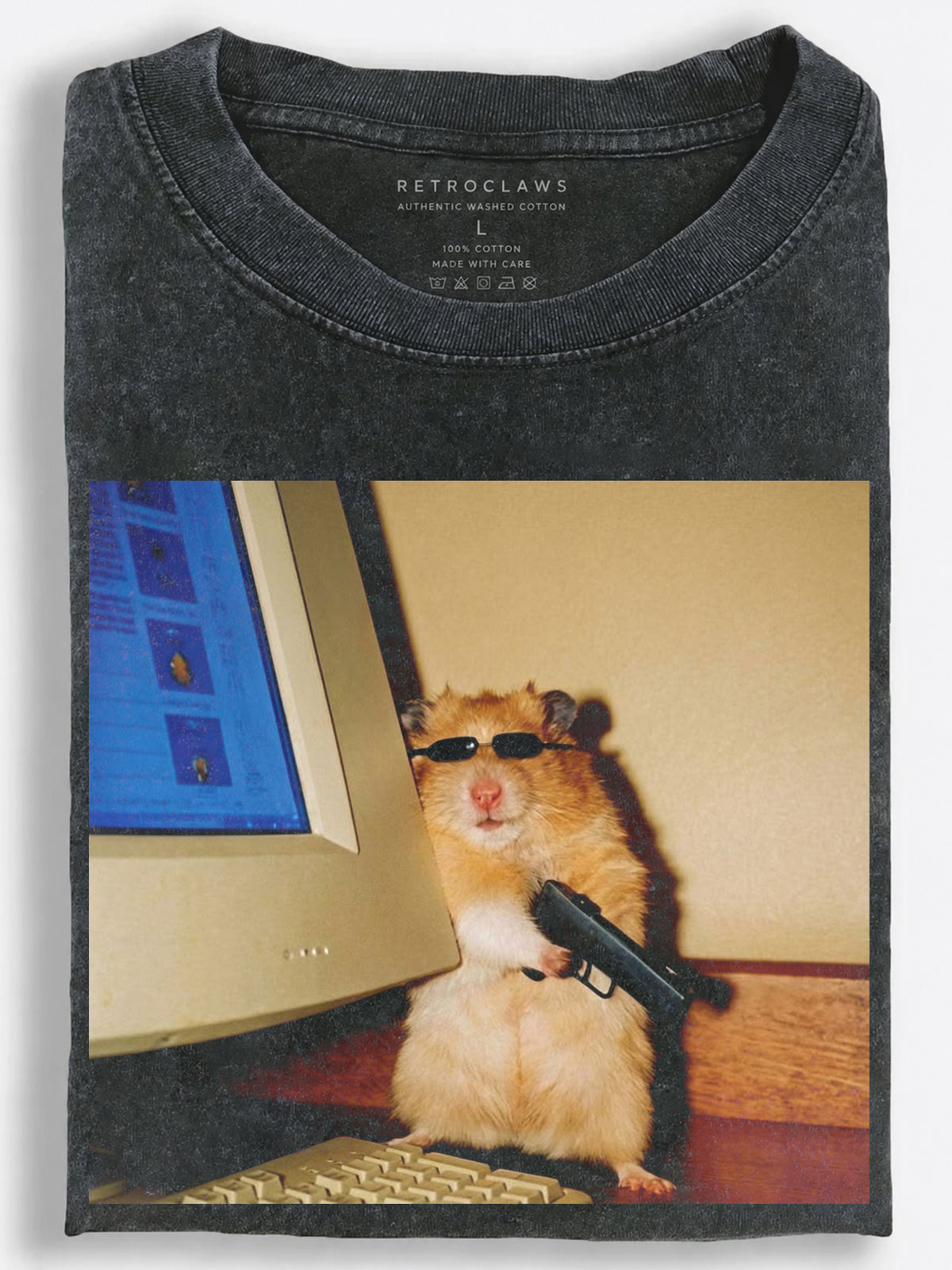 Y2K Meme Hamster Hacker Guarding a Retro Computer with a Pistol Vintage Washed T-Shirt