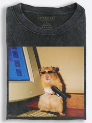 Y2K Meme Hamster Hacker Guarding a Retro Computer with a Pistol Vintage Washed T-Shirt