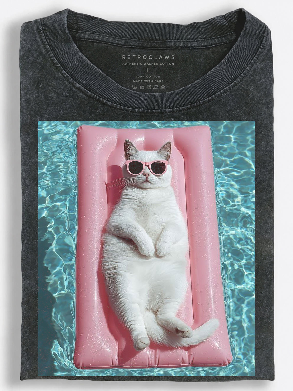 Playful Summer Cat Sunbathing on a Pink Pool Float Vintage Washed T-Shirt