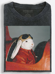 Nostalgic Retro Rabbit Pilot Wearing a Red Leather Flight Jacket Vintage Washed T-Shirt