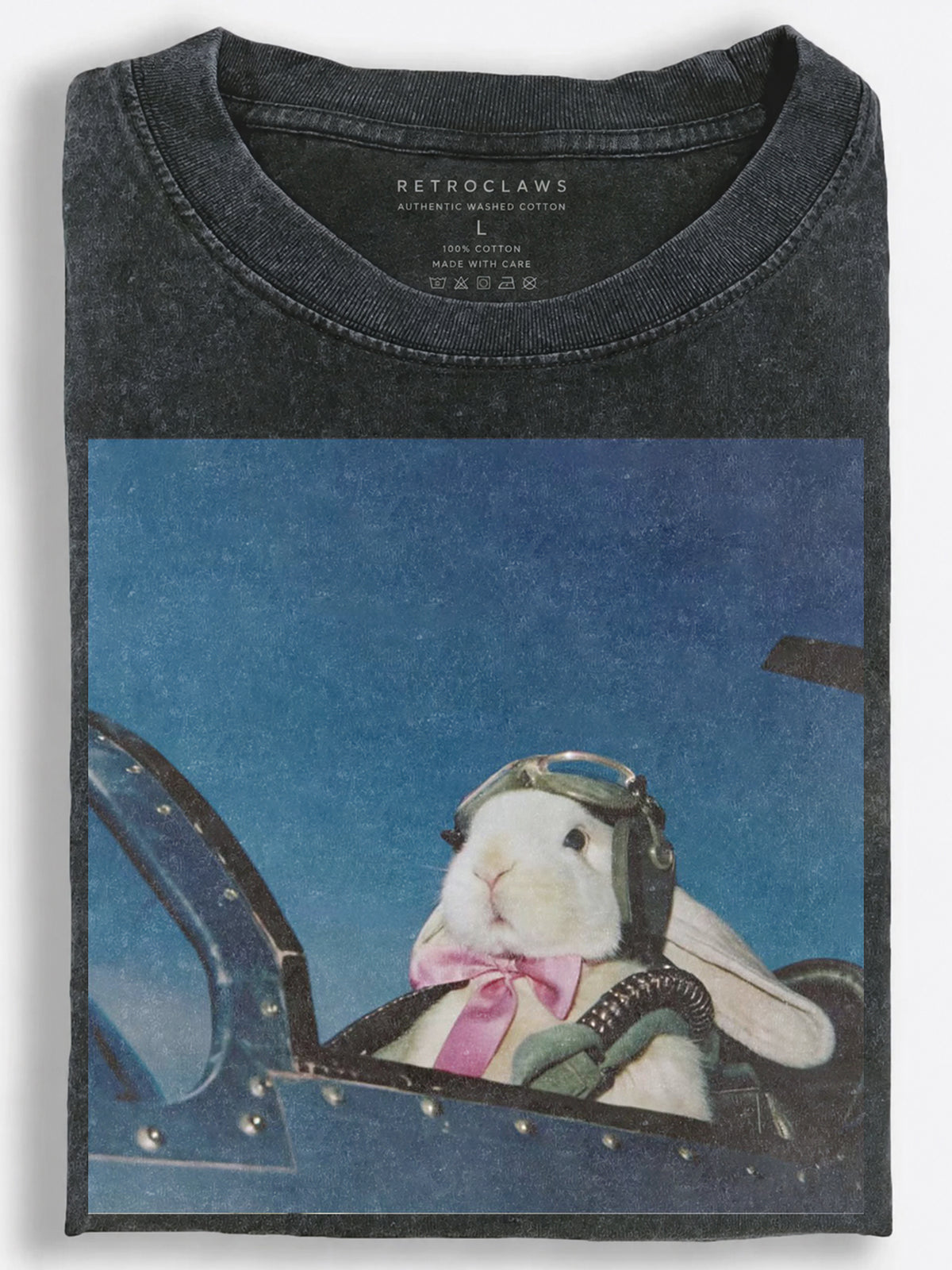 Whimsical Retro Rabbit Pilot Flying a Classic Blue Airplane Vintage Washed T-Shirt