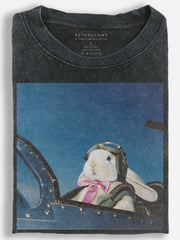 Whimsical Retro Rabbit Pilot Flying a Classic Blue Airplane Vintage Washed T-Shirt
