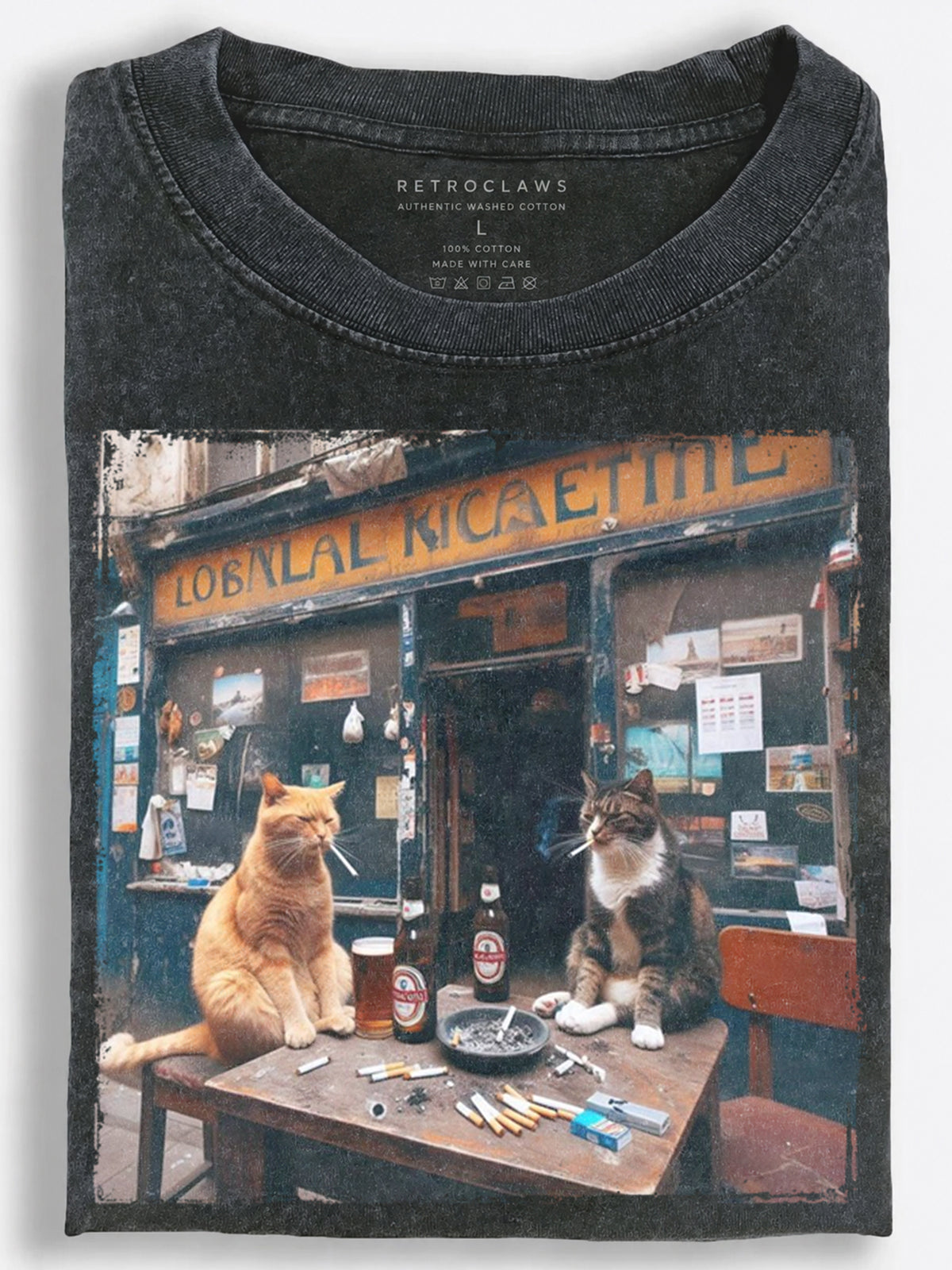 Gritty Retro Street Cats Smoking and Drinking Outside a Corner Shop Vintage Washed T-Shirt