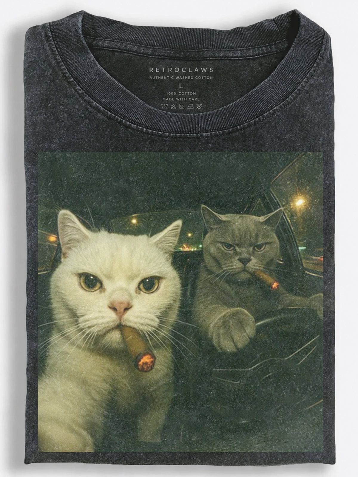 Gritty Retro Gangster Cats Smoking Cigars on a Midnight Drive Vintage Washed T-Shirt