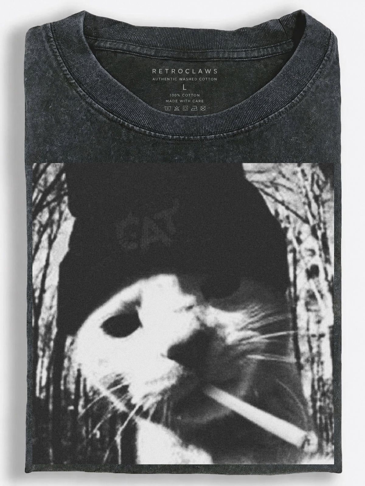 Gritty Black-and-White Cat Smoking Alone in the Dark Vintage Washed T-Shirt