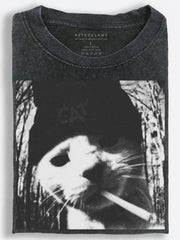 Gritty Black-and-White Cat Smoking Alone in the Dark Vintage Washed T-Shirt