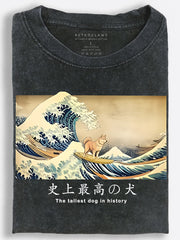 Japanese Ukiyo-e Shiba Inu Surfing the Great Wave Vintage Washed T-Shirt
