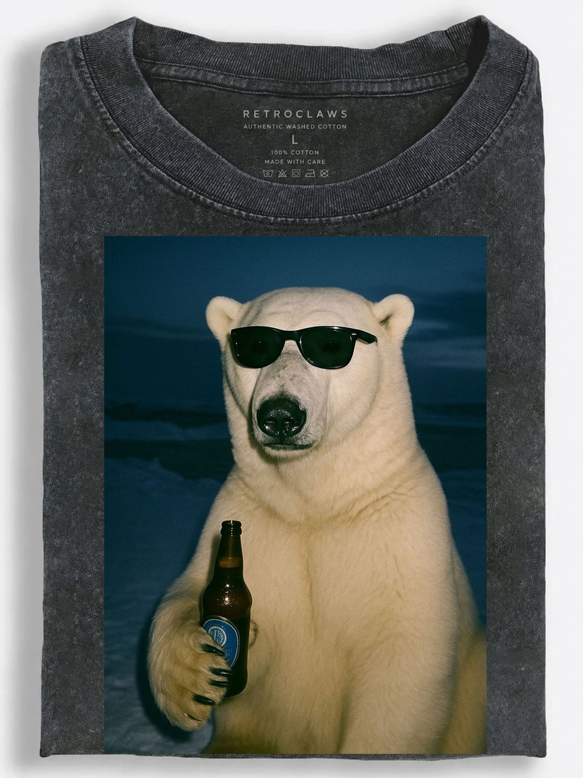 Laid-Back Retro Polar Bear Drinking Beer Under the Arctic Night Sky Vintage Washed T-Shirt
