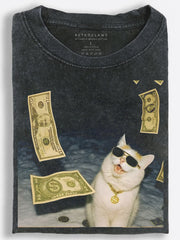 Flashy Retro Hip-Hop Cat Making It Rain in Gold Chains Vintage Washed T-Shirt