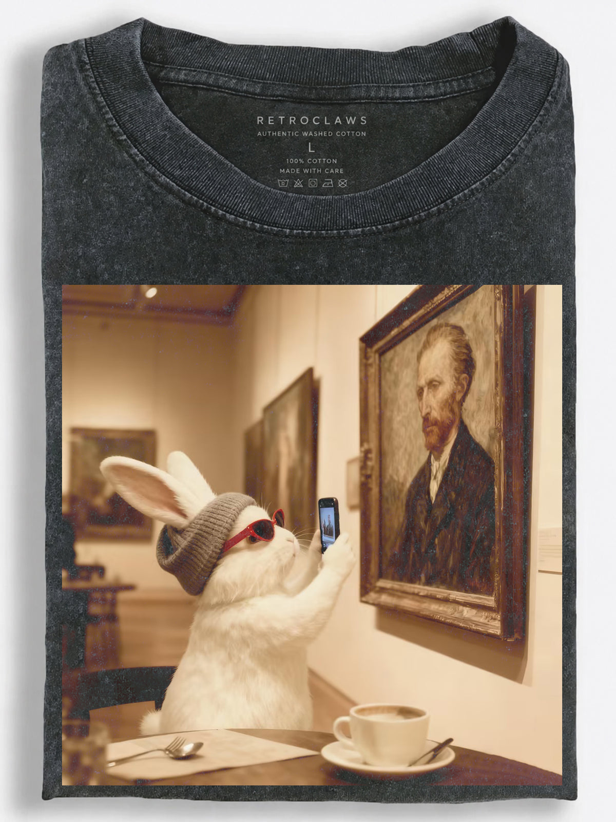 Quirky Hipster Rabbit Photographing Van Gogh in a Cozy Museum Caf?¡ì| Vintage Washed T-Shirt