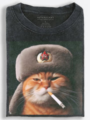Rebellious Retro Soviet Orange Cat Smoking with a Cold, Defiant Stare Vintage Washed T-Shirt
