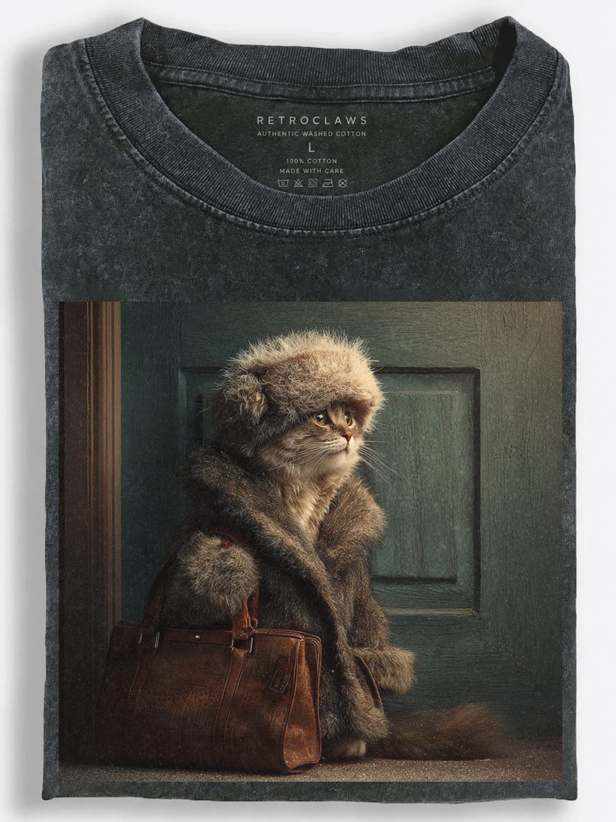 Melancholic Retro Slavic Traveler Cat Waiting by the Door with a Leather Suitcase Vintage Washed T-Shirt