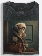 Melancholic Retro Slavic Traveler Cat Waiting by the Door with a Leather Suitcase Vintage Washed T-Shirt