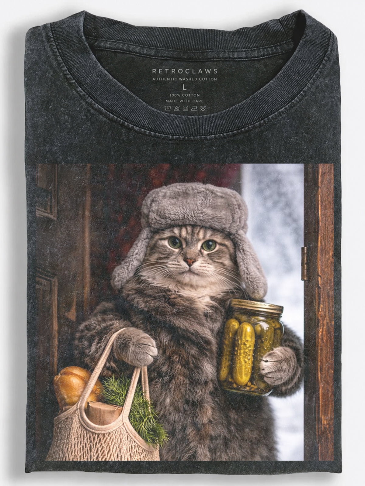 Cozy Retro Slavic Cat Returning Home with Pickles and Groceries Vintage Washed T-Shirt