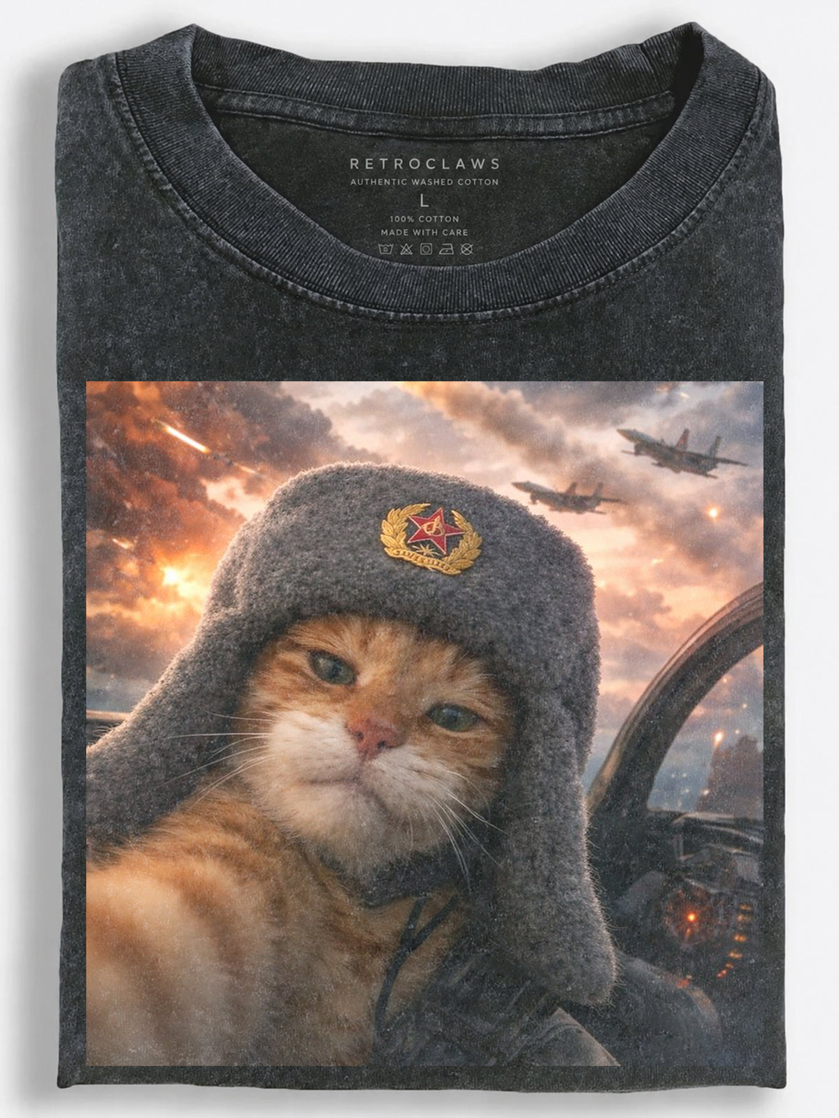 Cinematic Retro Soviet Pilot Cat Taking a Selfie During an Aerial Battle Vintage Washed T-Shirt