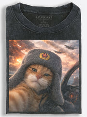 Cinematic Retro Soviet Pilot Cat Taking a Selfie During an Aerial Battle Vintage Washed T-Shirt