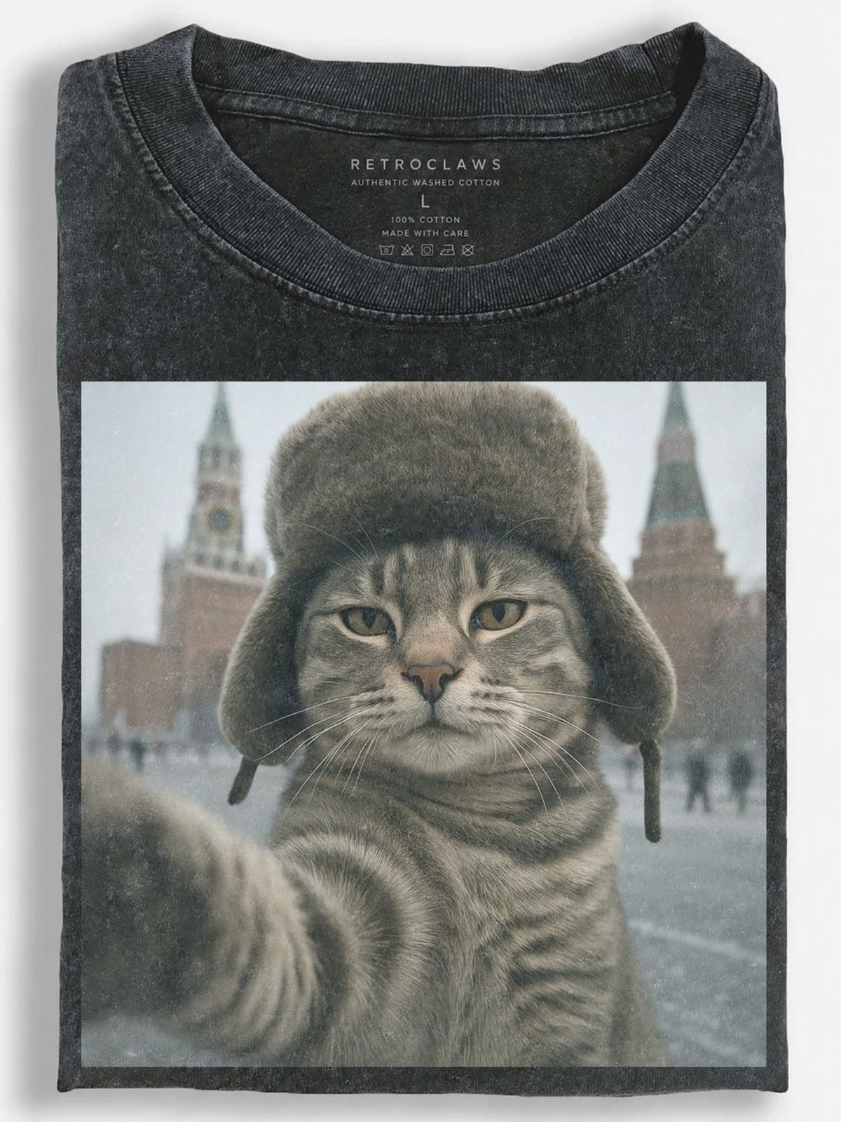 Stoic Retro Russian Cat Taking a Winter Selfie in Red Square Vintage Washed T-Shirt