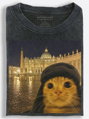 Whimsical Retro Traveler Cat Taking a Nighttime Selfie at the Vatican Vintage Washed T-Shirt