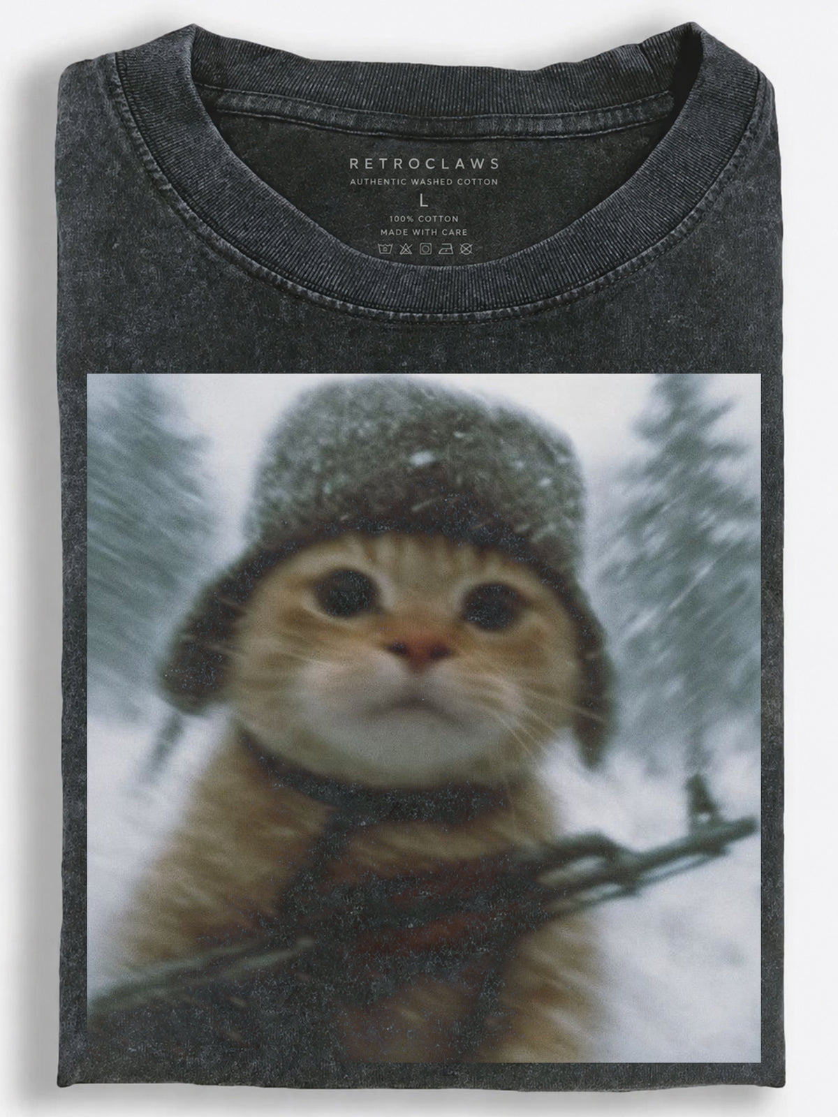 Chaotic Retro Slavic Rifle Cat Lost in a Snowy Forest Vintage Washed T-Shirt
