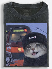 Playful Retro Russian Railway Cat Taking a Snowy Train Selfie Vintage Washed T-Shirt