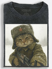 Stern-Faced Retro Soviet Rifle Cat Standing Guard in the Snow Vintage Washed T-Shirt