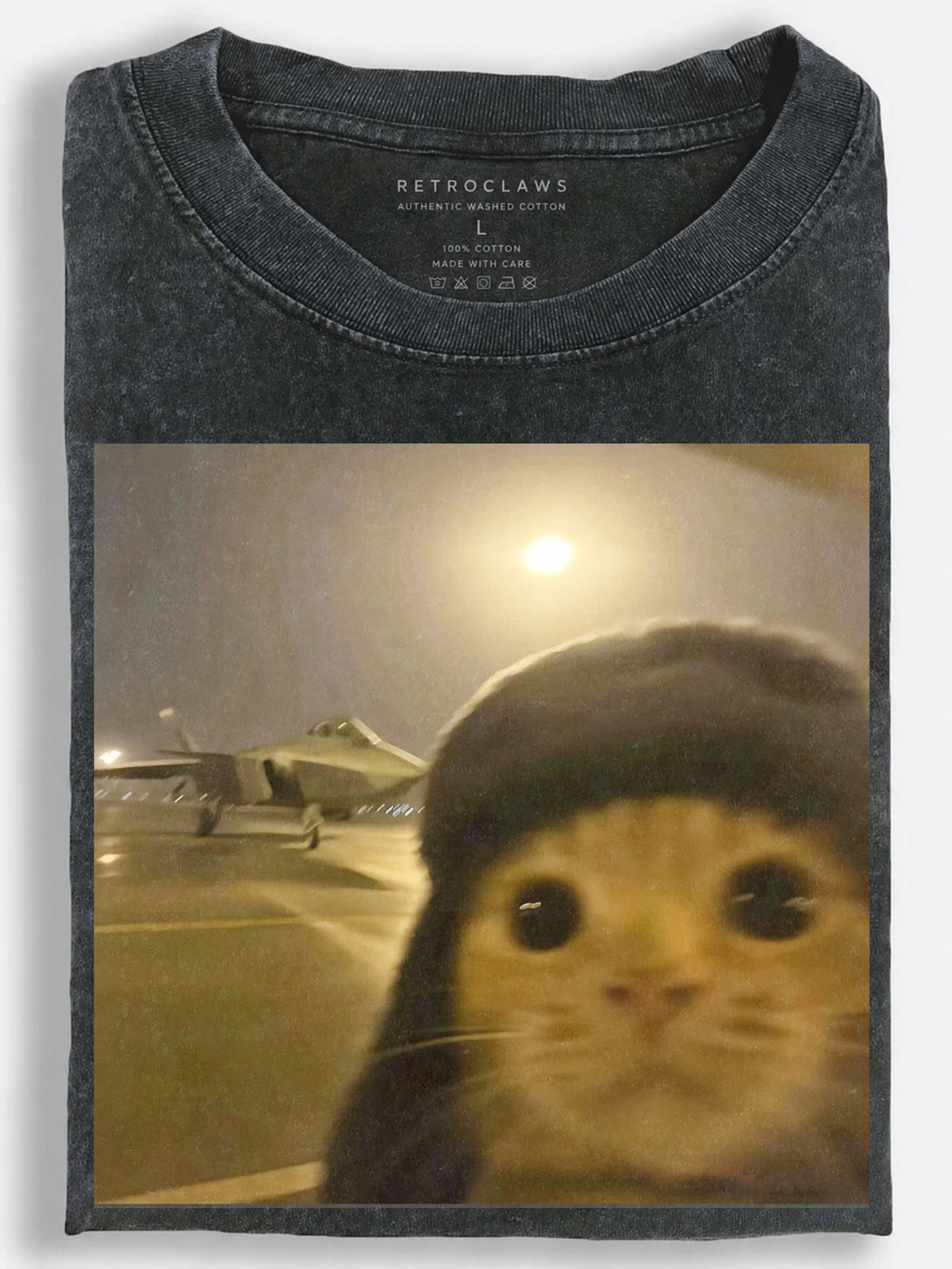 Dreamlike Retro Pilot Cat Taking a Nighttime Selfie Beside a Fighter Jet Vintage Washed T-Shirt