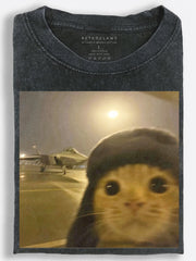 Dreamlike Retro Pilot Cat Taking a Nighttime Selfie Beside a Fighter Jet Vintage Washed T-Shirt