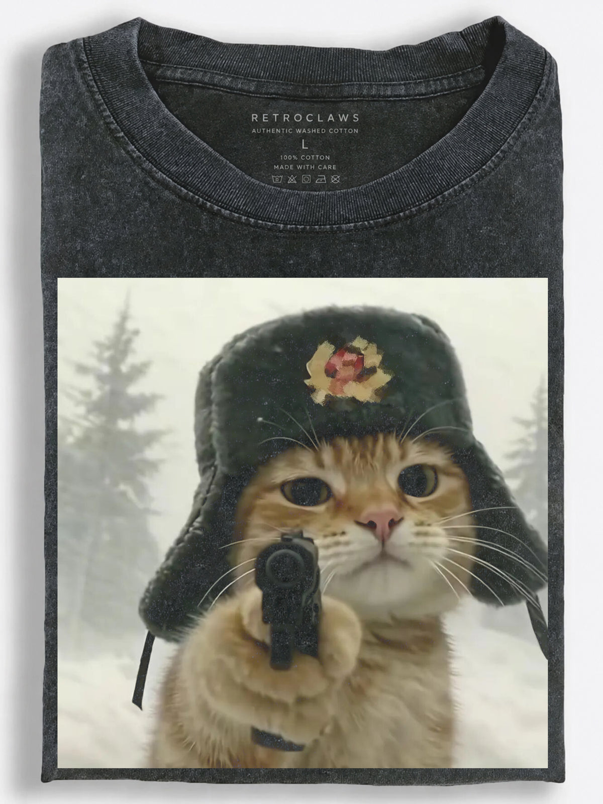 Fearless Retro Soviet Cat Aiming a Pistol in the Frozen Forest Vintage Washed T-Shirt