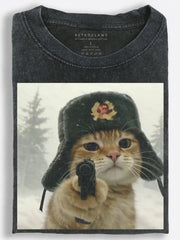 Fearless Retro Soviet Cat Aiming a Pistol in the Frozen Forest Vintage Washed T-Shirt