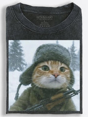 Wide-Eyed Retro Slavic Patrol Cat Armed in a Snowy Forest Vintage Washed T-Shirt