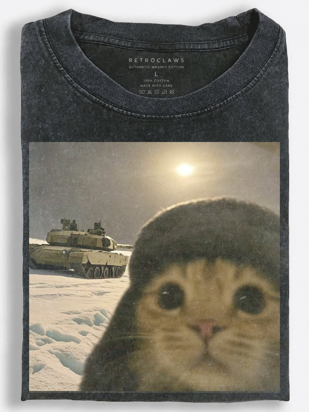 Surreal Retro Winter Cat Taking a Selfie Beside a Snow-Covered Tank Vintage Washed T-Shirt