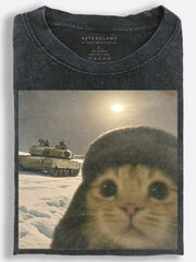 Surreal Retro Winter Cat Taking a Selfie Beside a Snow-Covered Tank Vintage Washed T-Shirt