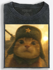Dreamlike Retro Soviet Cat Posing Beside a Tank at Golden Sunset Vintage Washed T-Shirt
