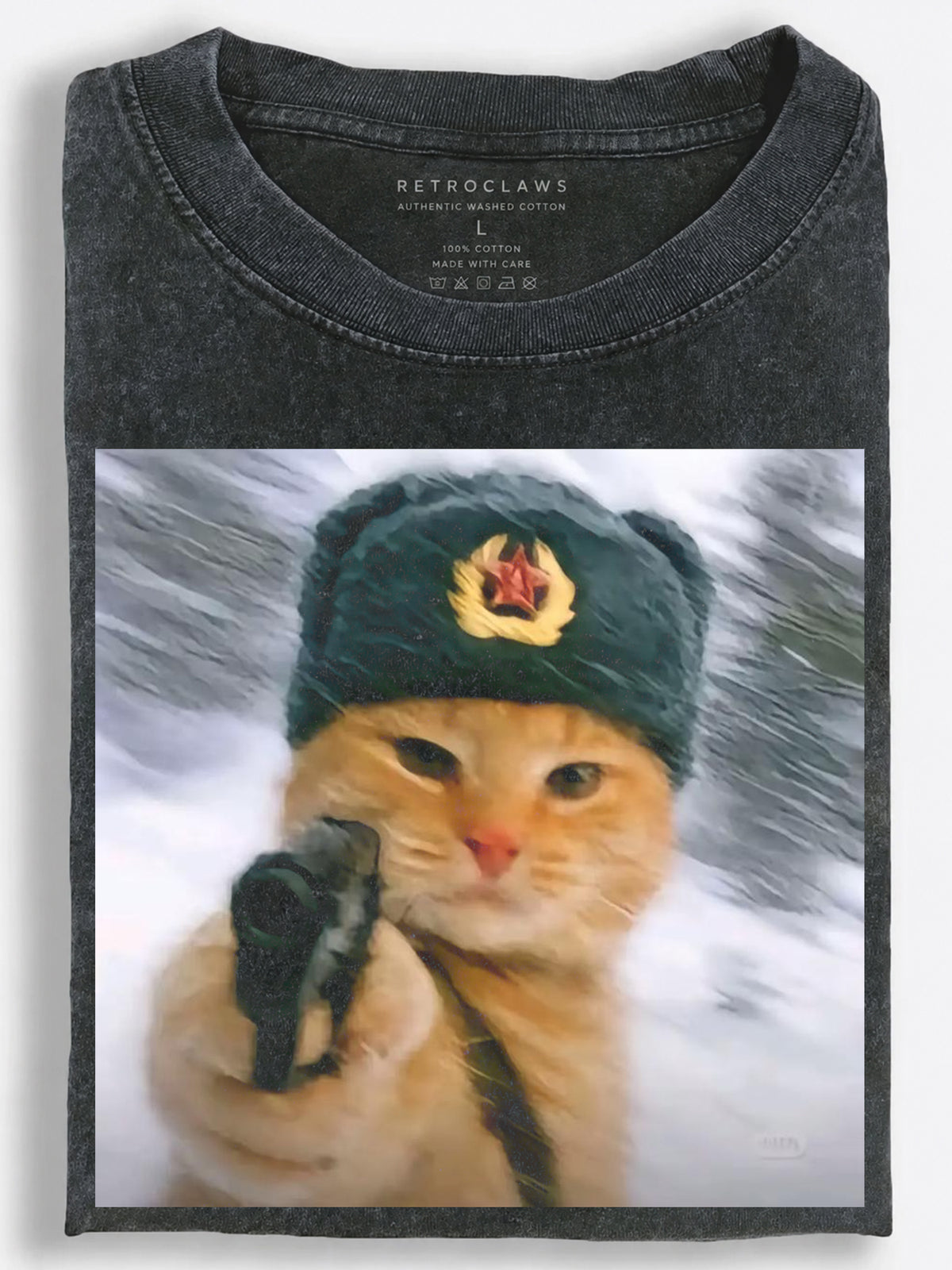Fearless Retro Soviet Orange Cat Charging Through a Blizzard with a Pistol Vintage Washed T-Shirt
