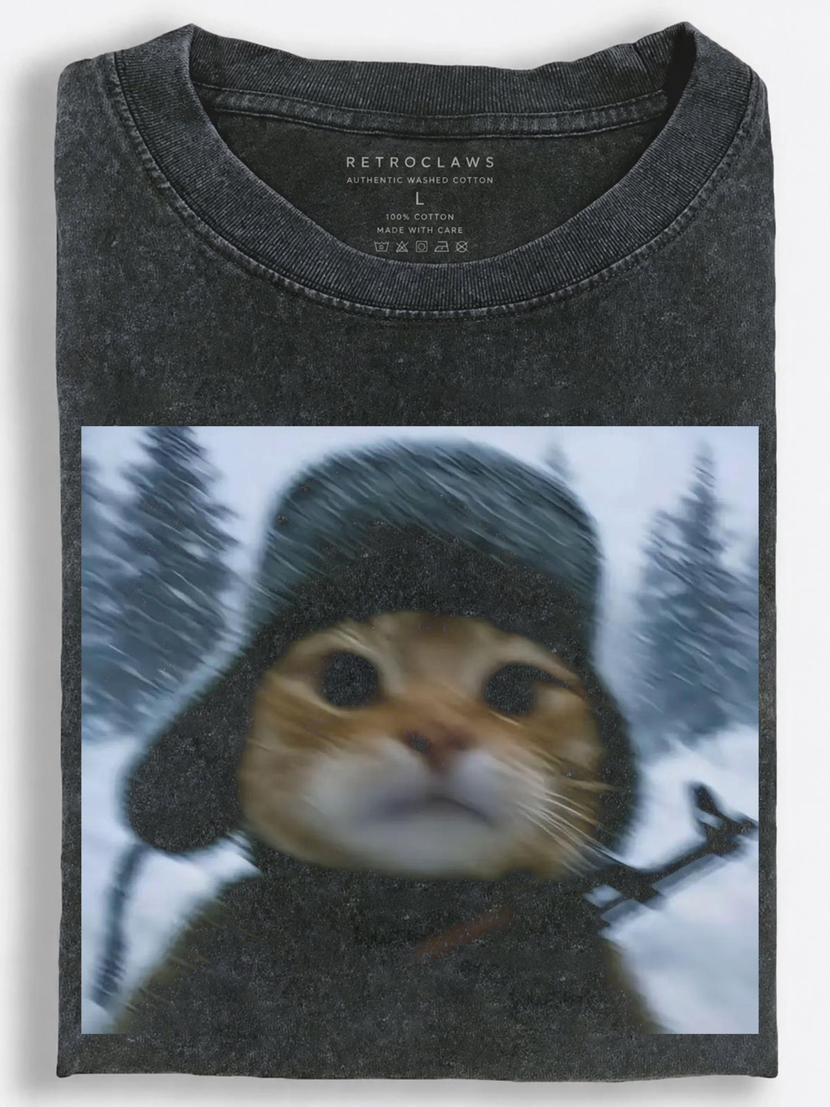 Cinematic Retro Slavic Cat Lost in a Raging Snowstorm Vintage Washed T-Shirt