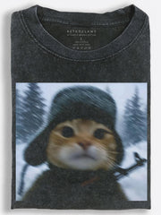 Cinematic Retro Slavic Cat Lost in a Raging Snowstorm Vintage Washed T-Shirt