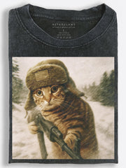 Nostalgic Slavic Explorer Cat Trekking Through a Snowy Mountain Pass Vintage Washed T-Shirt