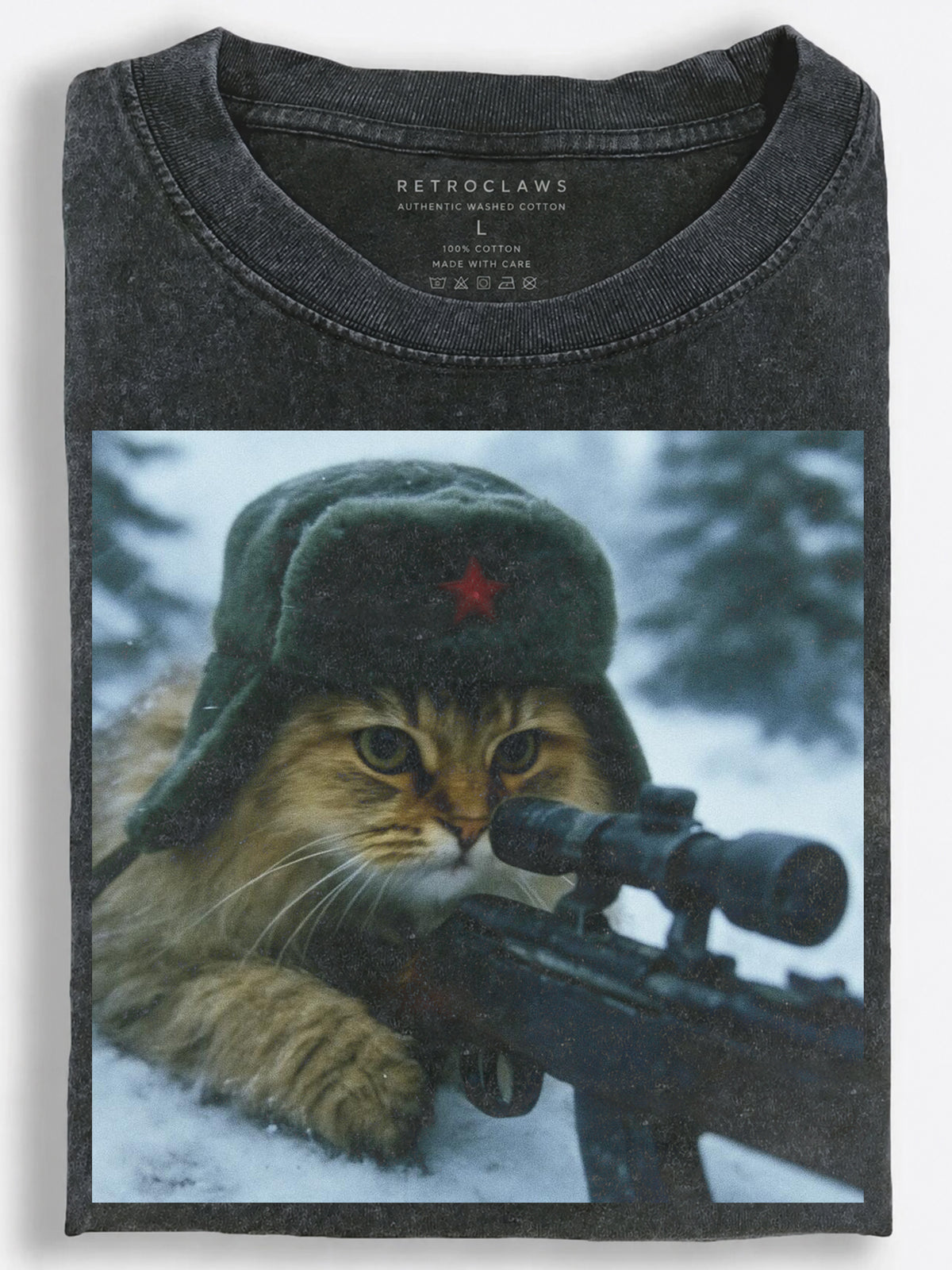 Cinematic Retro Soviet Sniper Cat Hidden in a Snowy Forest Vintage Washed T-Shirt